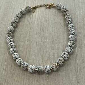 Rare Vintage 17 1/2" MONET White Enamel Caged ball and Gold Necklace